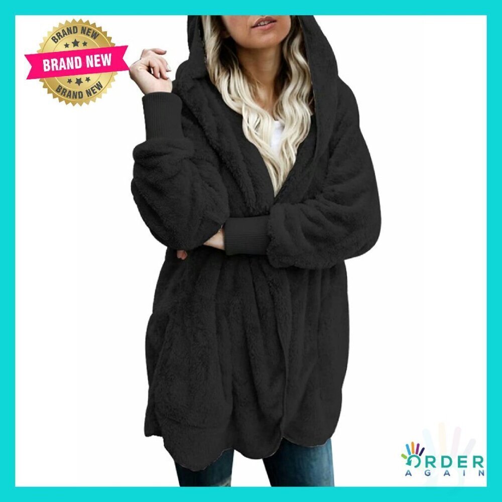Oversized Fuzzy Fleece Open Front Hooded Cardigan Jacket Cozy Chic